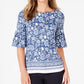 Charter Club Women's Printed Bell Sleeve Top Blue Size Petite L
