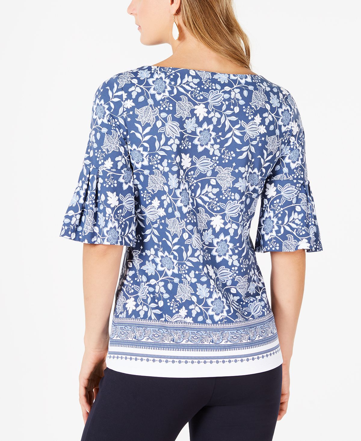 Charter Club Women's Printed Bell Sleeve Top Blue Size Petite L