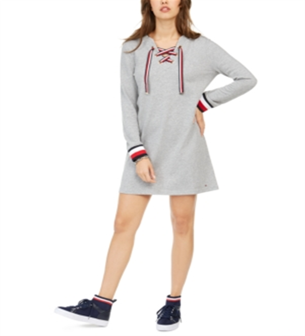 Tommy Hilfiger Women's Lace up Hoodie Sweatshirt Dress -Gray Size -S