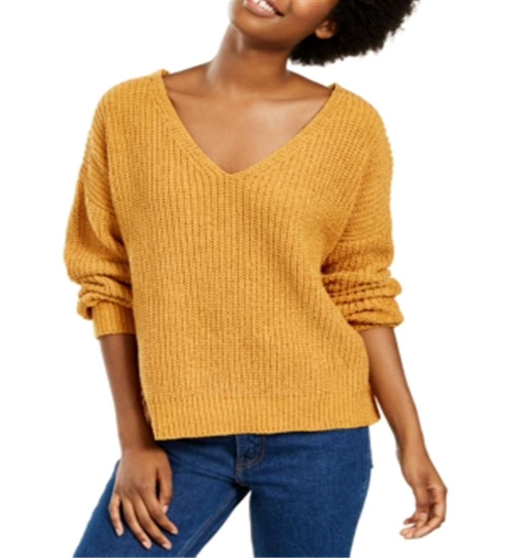 Hippie Rose Junior's Chenille V Neck Sweater Yellow Size Large