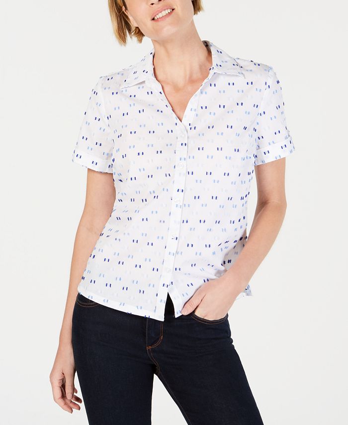 Karen Scott Women's Clip Dot Roll Tab Shirt White Size M