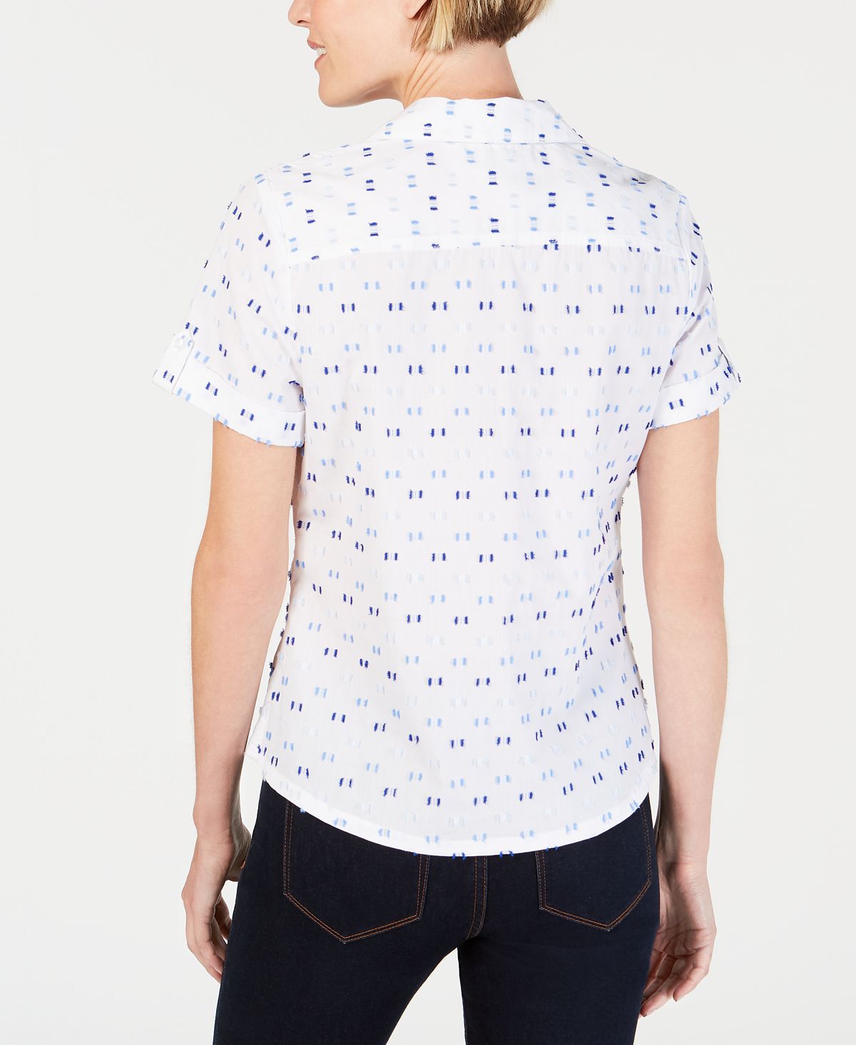 Karen Scott Women's Clip Dot Roll Tab Shirt White Size M