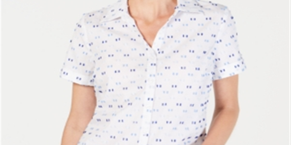 Karen Scott Women's Clip Dot Roll Tab Shirt White Size M