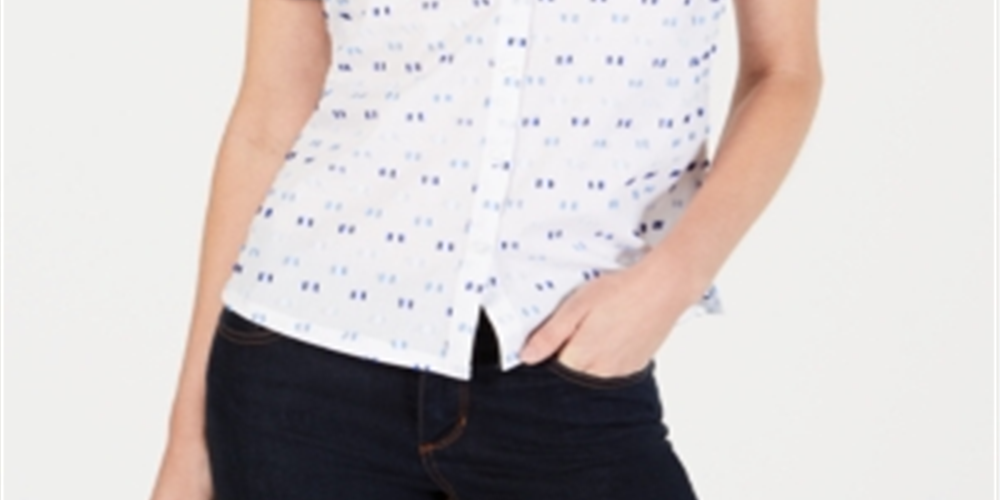 Karen Scott Women's Clip Dot Roll Tab Shirt White Size M