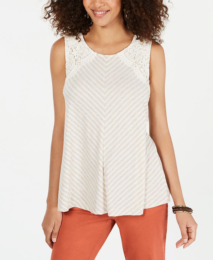 Style & Co Women's Striped Lace Sleeveless Top Brown Size X-Small