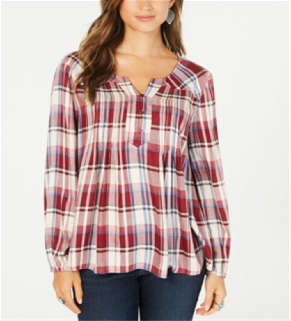 Style & Co Women's Plaid Split Neck Top Red Size Large