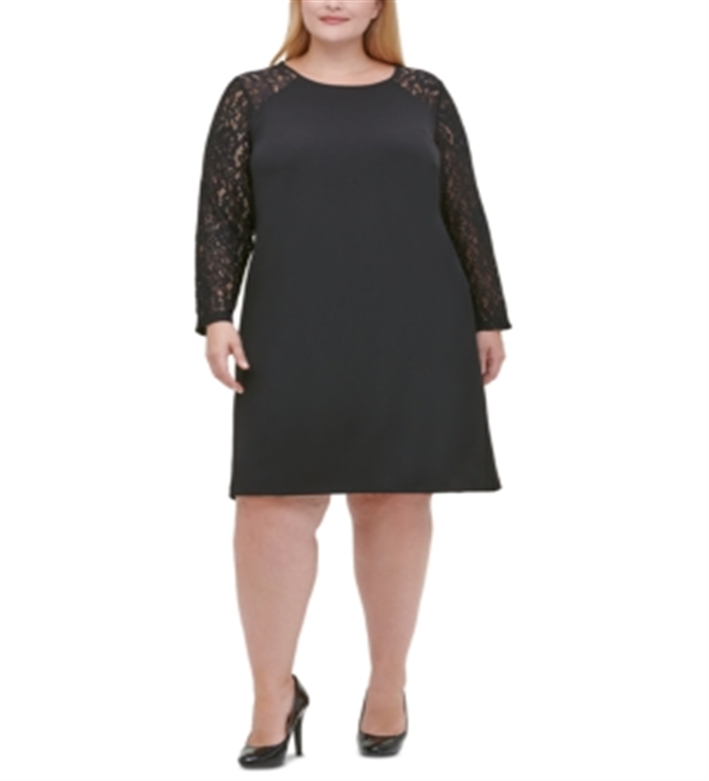 Tommy Hilfiger Women's Plus Lace Sleeve a Line Dress Black Size 22W