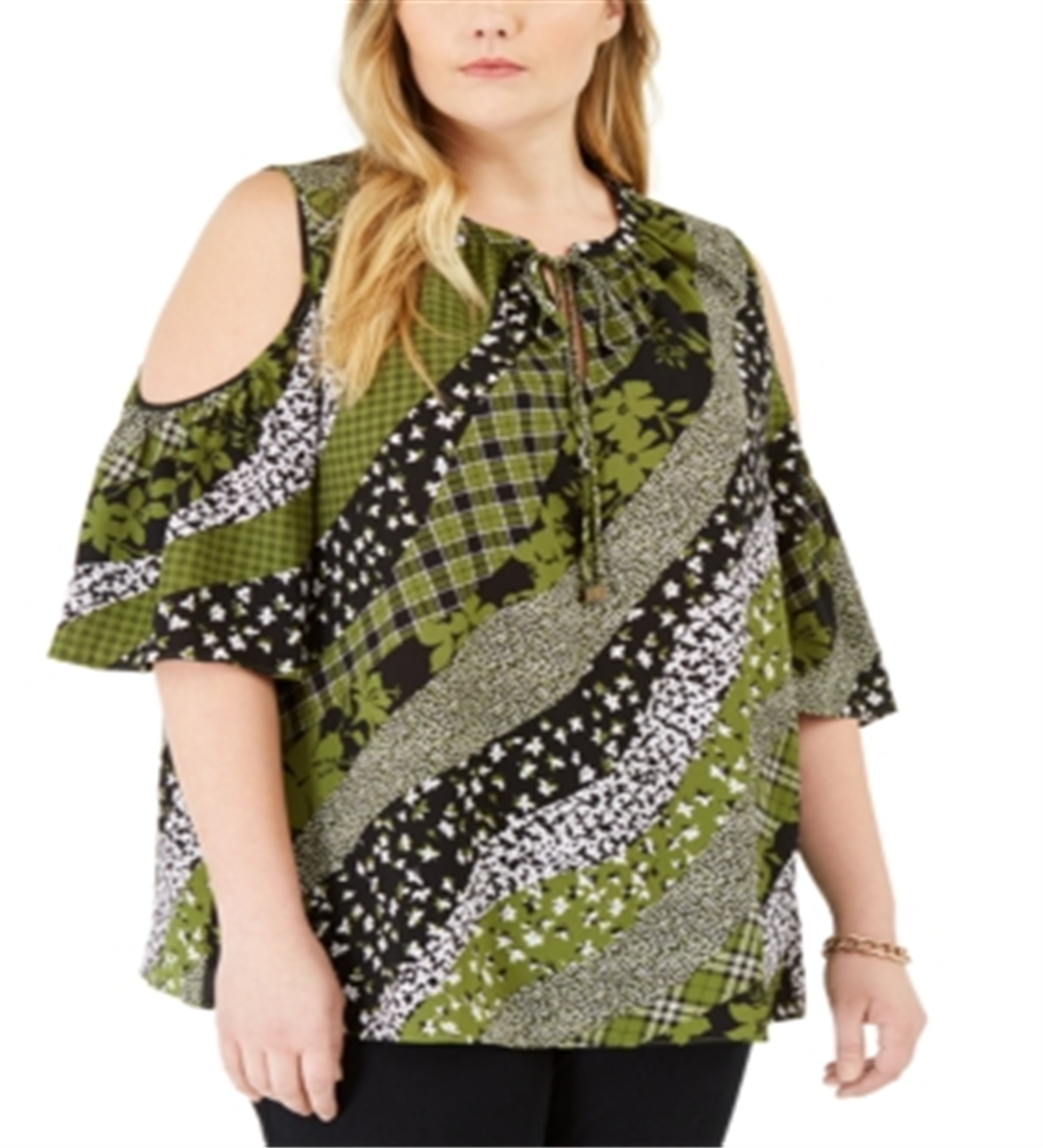 Michael Kors Women's Plus Mixed Print Cold Shoulder Top Green Size 2X