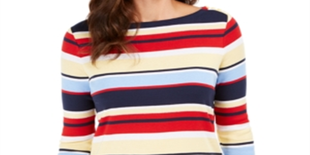 Charter Club Women's Pima Cotton Button Shoulder Stripe Top Red Multi Size Small