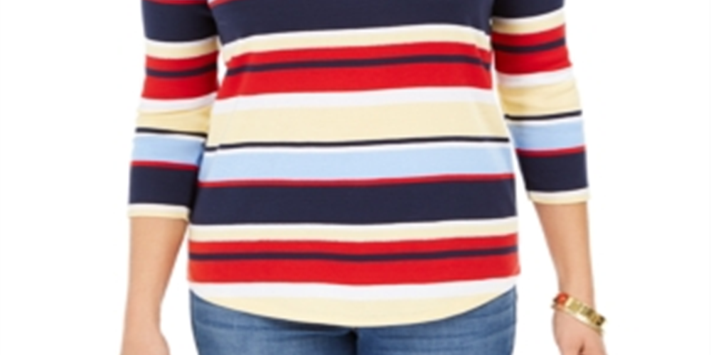 Charter Club Women's Pima Cotton Button Shoulder Stripe Top Red Multi Size Small