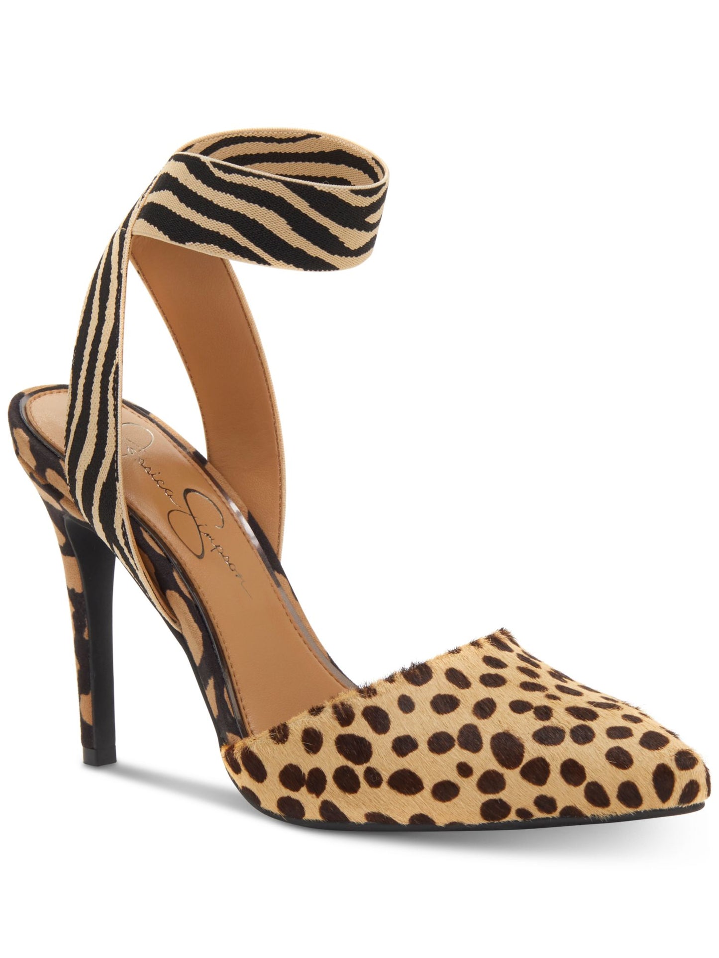 Jessica Simpson Women's Animal Print Elastic Ankle Strap Padded Perinna Pointed Toe Stiletto Slip on Dress Pumps Brown Size 7.5 M
