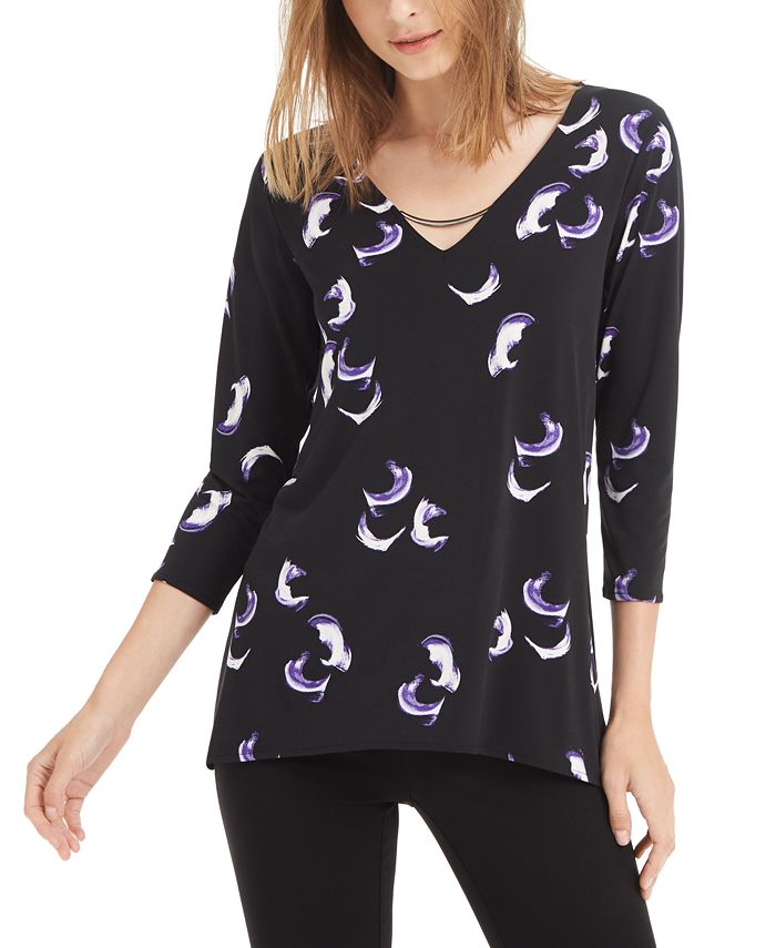 Alfani Women's Printed Neckline Hardware Top Black Size Medium