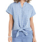 CHARTER CLUB Womens Blue Tie Front Polka Dot Short Sleeve Split Button up Top XS