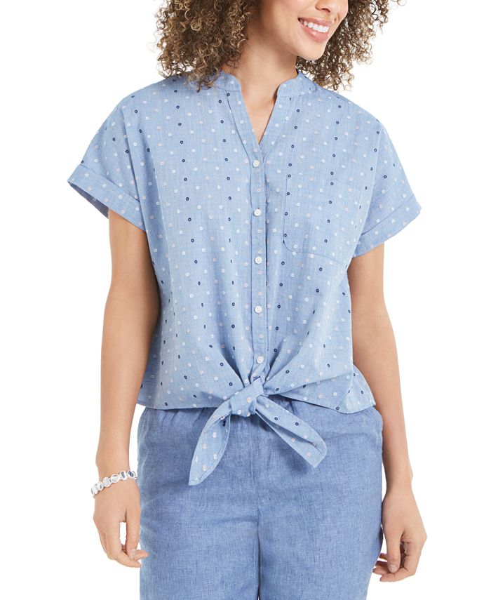 CHARTER CLUB Womens Blue Tie Front Polka Dot Short Sleeve Split Button up Top XS