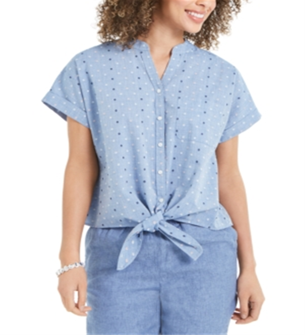 CHARTER CLUB Womens Blue Tie Front Polka Dot Short Sleeve Split Button up Top XS