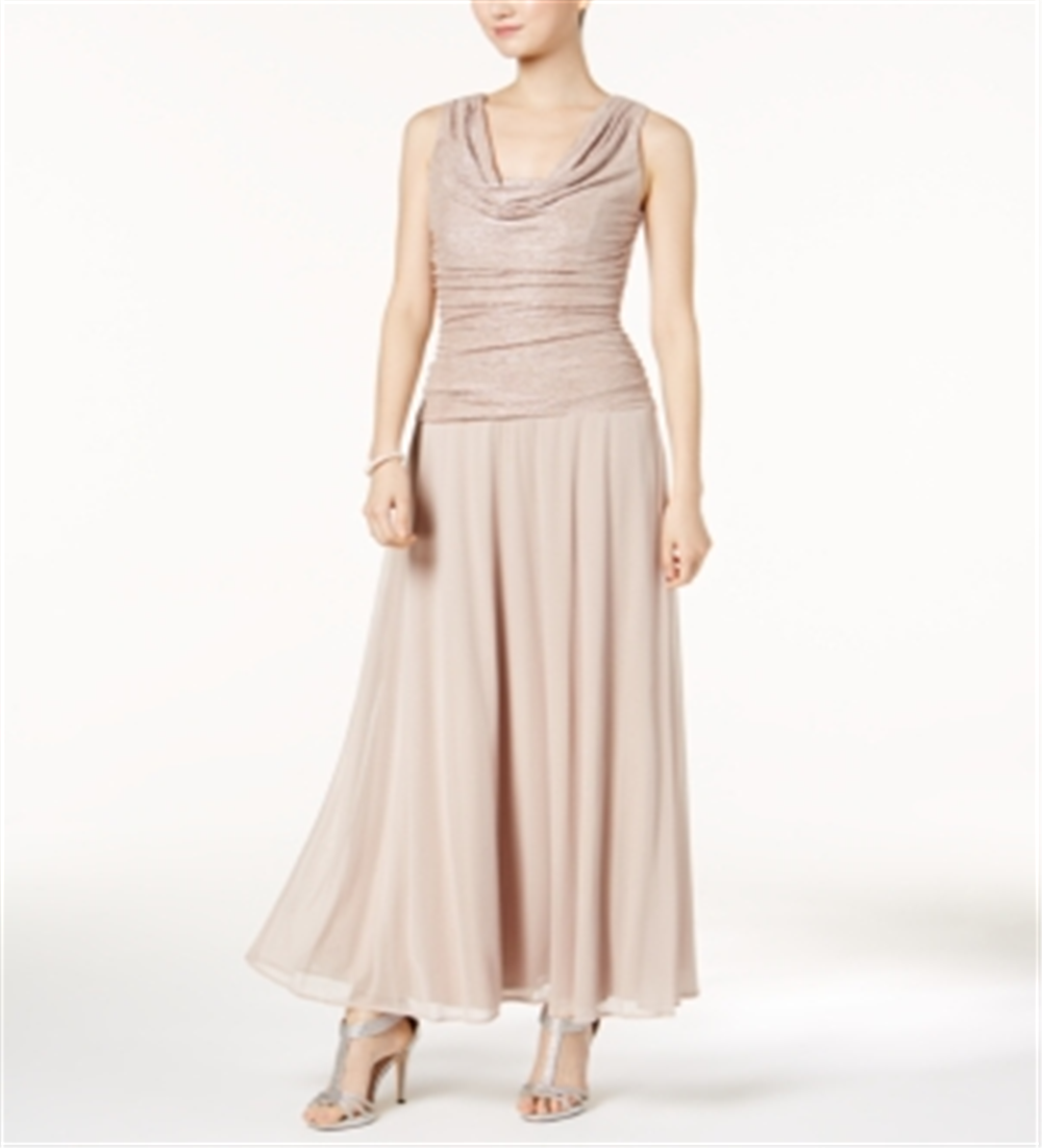 R & M Richards Women's Draped & Ruched Shimmer Gown Brown Size 14