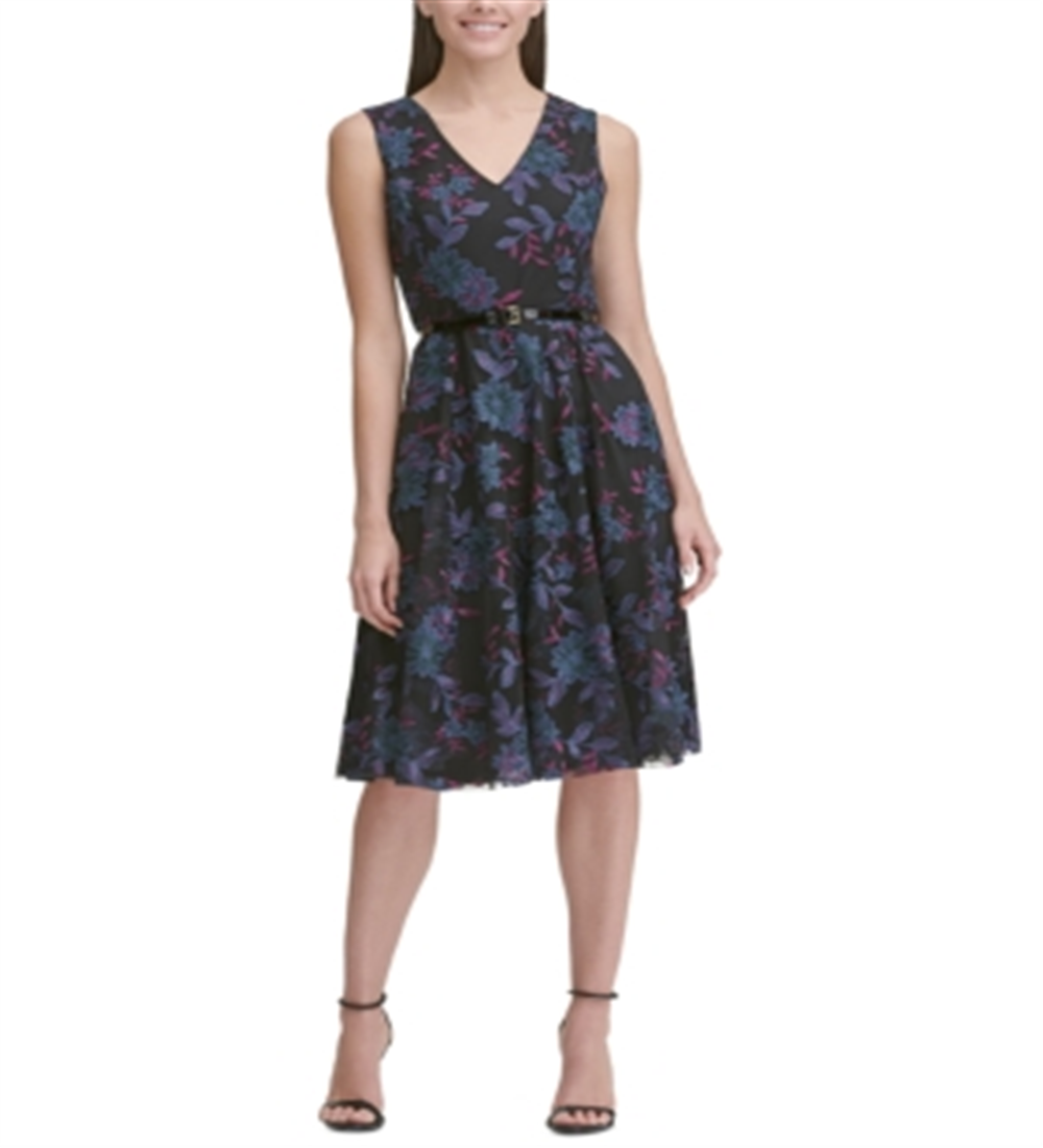 Tommy Hilfiger Women's Belted Embroidered Fit & Flare Dress Black Size 6
