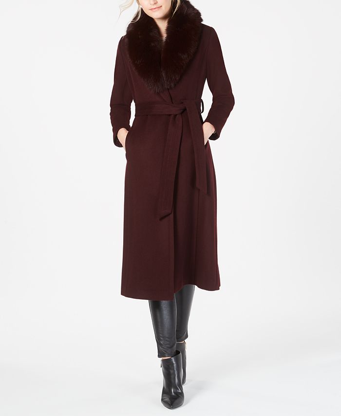 Forecaster Women's Fox Fur Collar Belted Maxi Wrap Coat Black Size 14