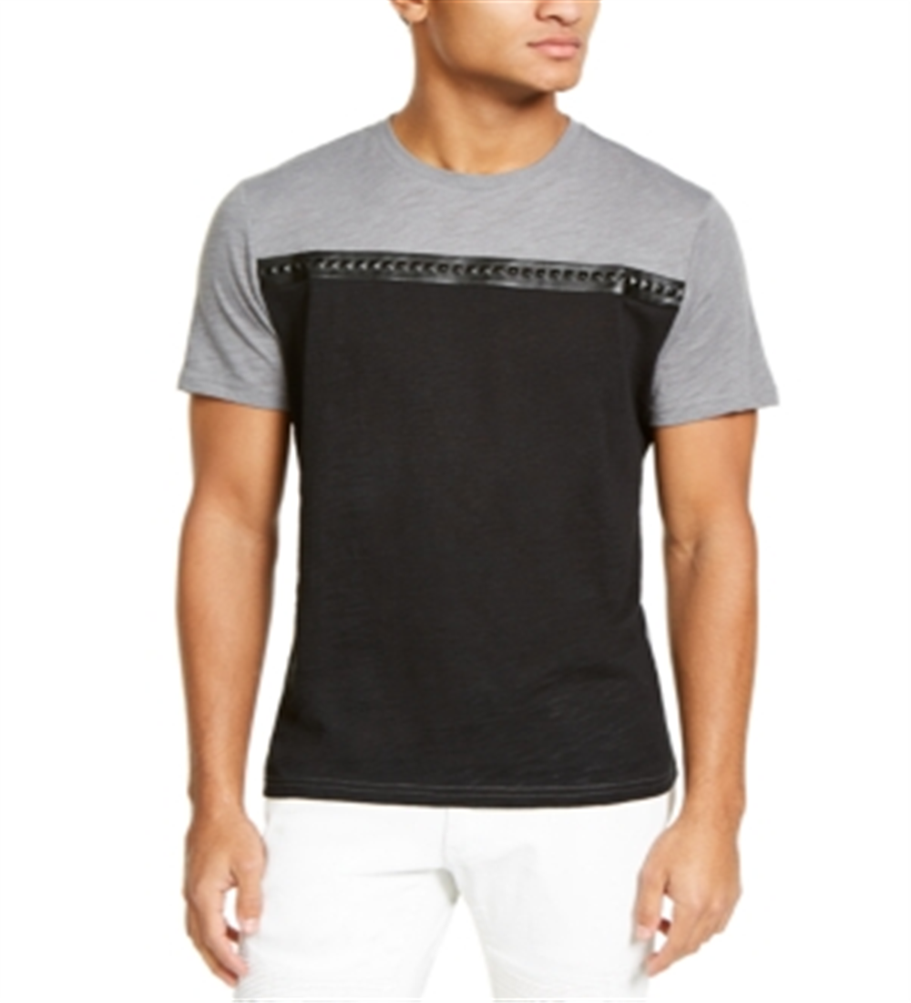 INC International Concepts Men's Colorblock Faux Leather Studded Tee Gray Size Small