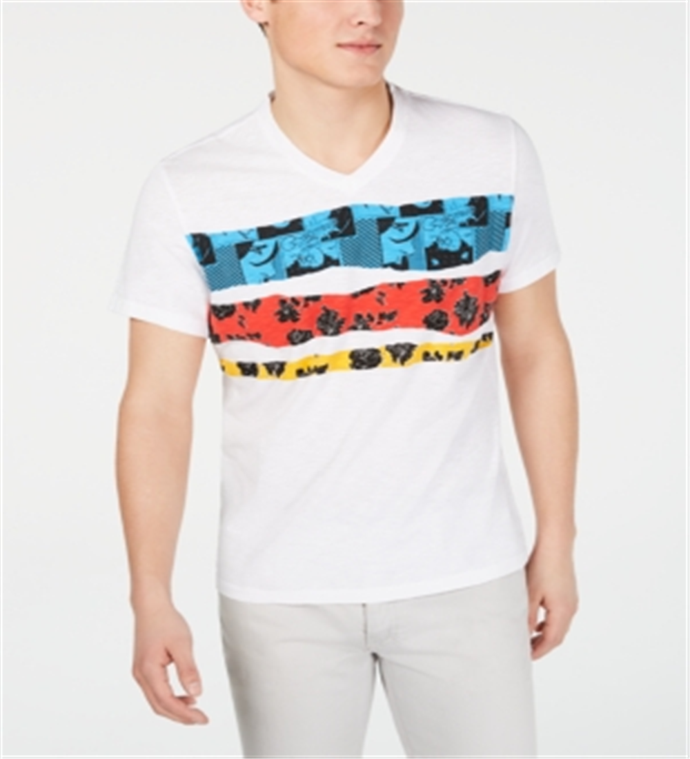 INC International Concepts Men's Graphic Tee V Neck Cartoon Strip Floral T-Shirt White Size X-Large