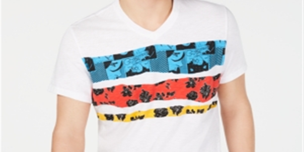 INC International Concepts Men's Graphic Tee V Neck Cartoon Strip Floral T-Shirt White Size X-Large