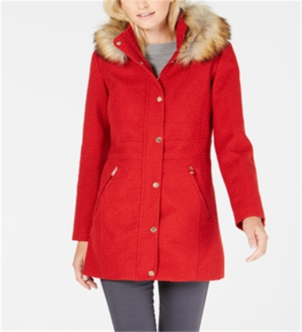 INC International Concepts Women's Faux Fur Trim Woven Coat Red Size Small