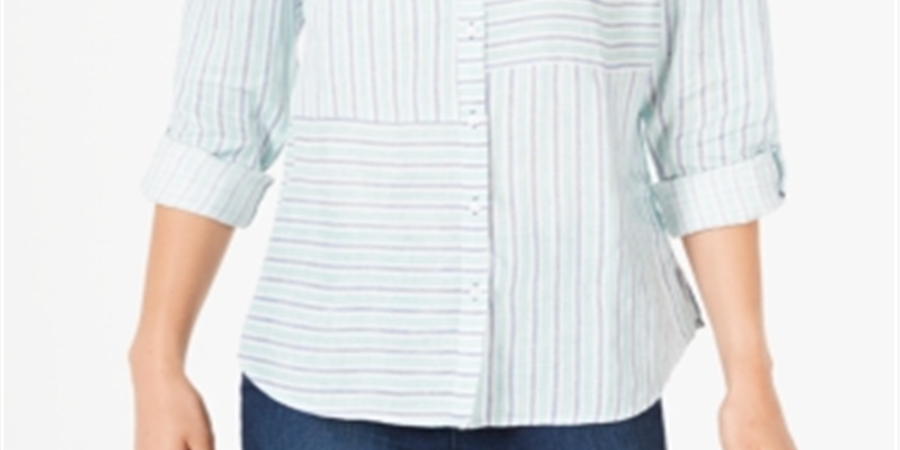 चार्टर क्लब वीमेनज़ लिनन स्ट्राइप्ड कफ्ड शर्ट व्हाइट साइज़ एक्सएक्स-लार्ज