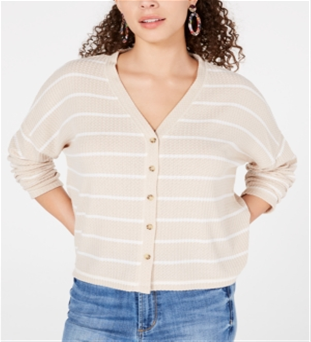Hippie Rose Junior's Hacci Card Waffle Knit Cardigan Sweater Brown Size Small