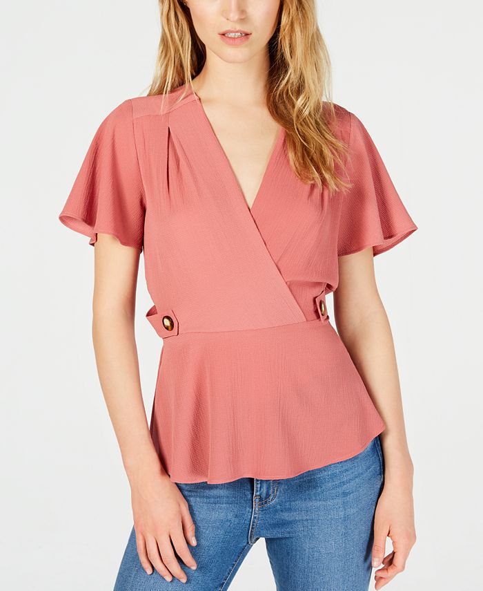 Monteau Women's Flutter Sleeve Peplum Top Pink Size Petite X-Large