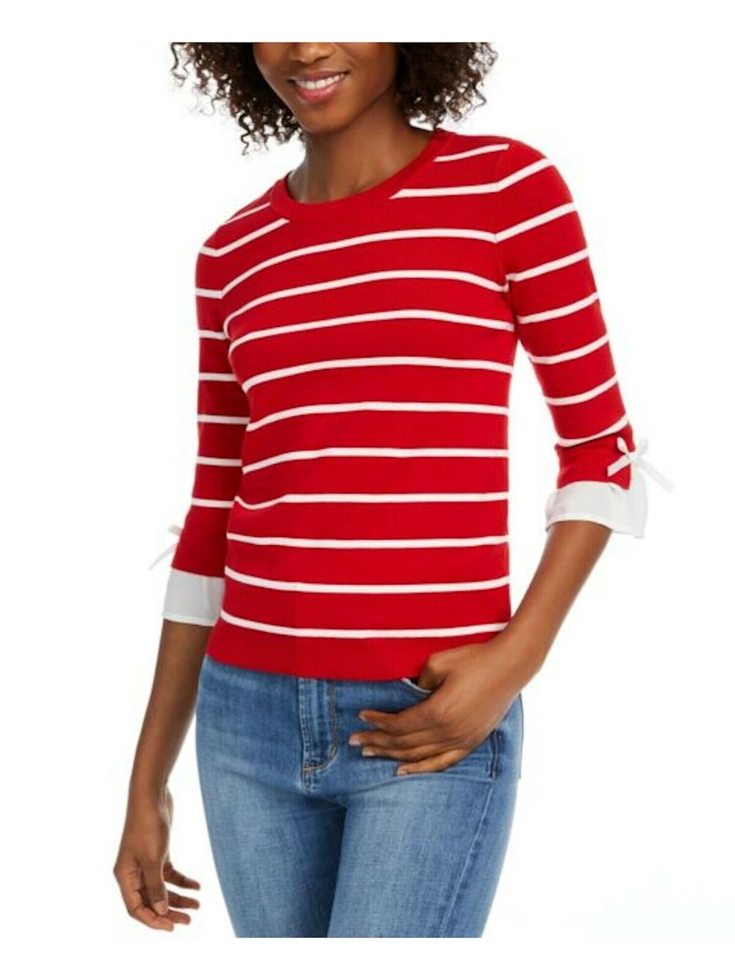 Maison Jules Women's Striped 3/4 Sleeve Jewel Neck Sweater Red Size Large