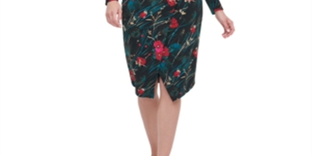 Tommy Hilfiger Women's Floral Long Sleeve Boat Neck Dress -Black Size 14