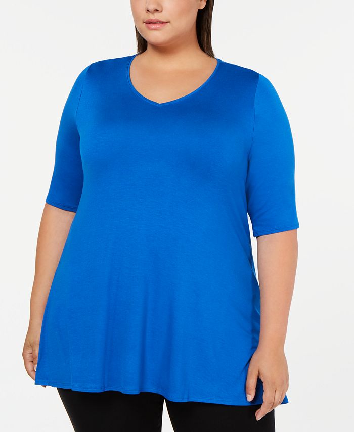 Alfani Women's Plus V Neck Swing T-Shirt Blue Size 1X