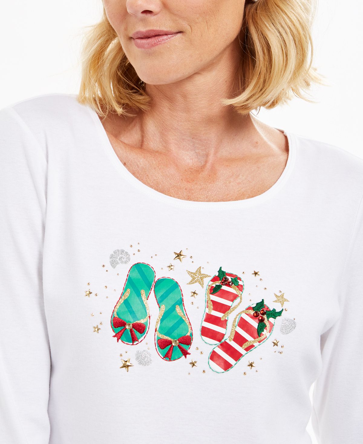 Karen Scott Women's Cotton Flip Flops Holiday Graphic Top White Size Medium