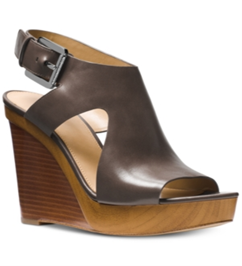 Michael Kors Women's Josephine Leather Stacked Wedge Sandals Gray Size 9.5
