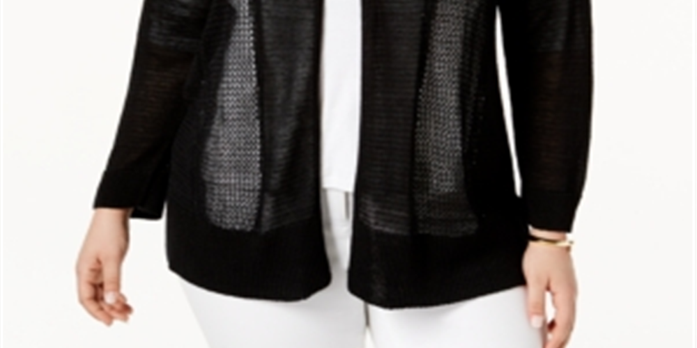 Alfani Women's Mixed Stitch Lightweight Cardigan Sweater Black Size 2X