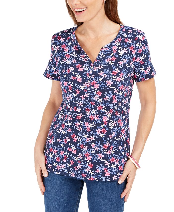 Karen Scott Women's Printed Henley Top Blue Size Small