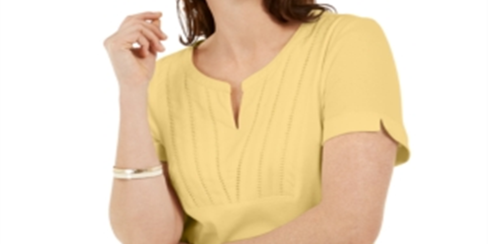 Karen Scott Women's Woven Split Neck Top Yellow Size Medium