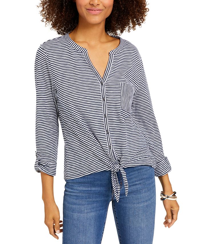 Style & Co Women's Cotton Striped Tie Front Shirt Black Size Petite S