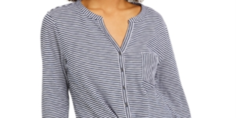 Style & Co Women's Cotton Striped Tie Front Shirt Black Size Petite S