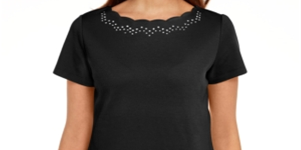 Karen Scott Women's Cotton Scalloped Neck T-Shirt Black Size X-Large
