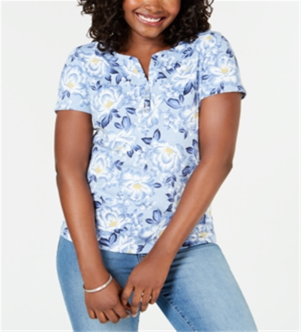 Karen Scott Women's Printed Short Sleeve Henley Blue Size Medium