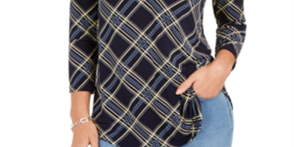 Charter Club Women's Printed V Neck Top Blue Size Small