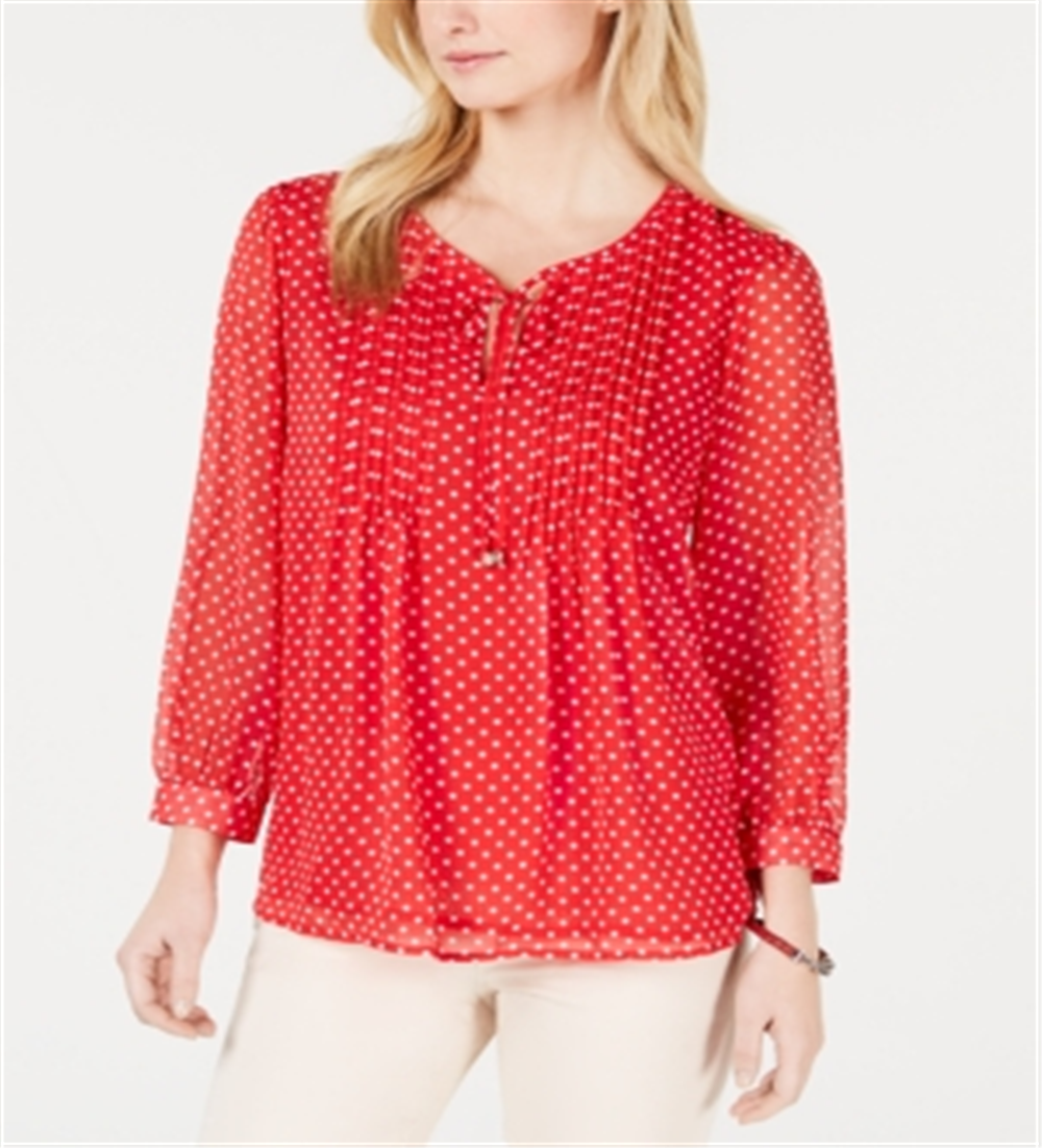 Tommy Hilfiger Women's Long Sleeve Bayview Dot Pintuck Top Red Size Small