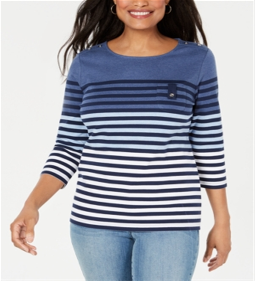 Karen Scott Women's Striped Colorblocked Top Blue Size Petite
