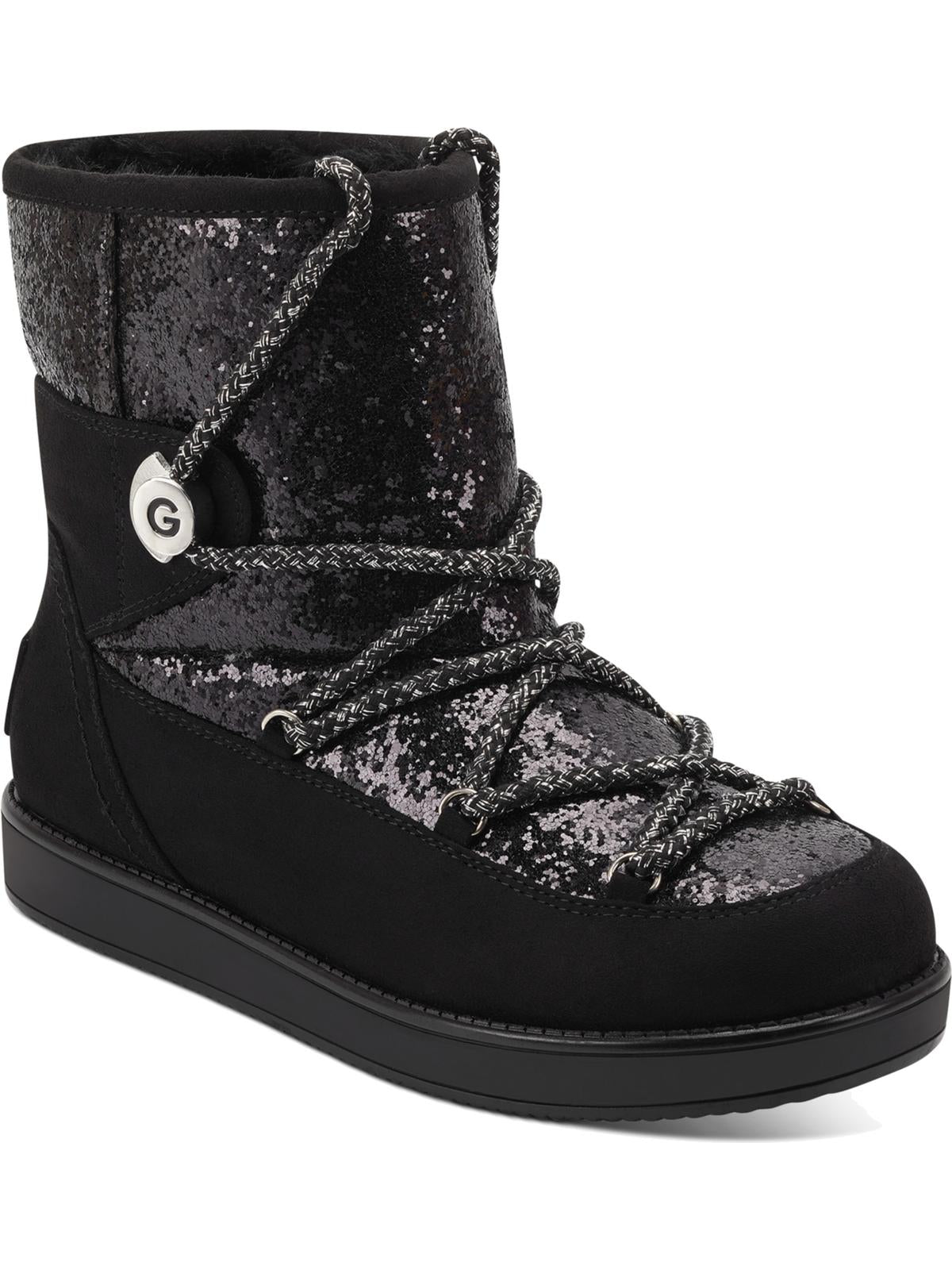 Guess Women's Logo Sparkle Insert Lace up Detail Cushioned Insulated Aylan Round Toe Snow Boots Black Size 9 M