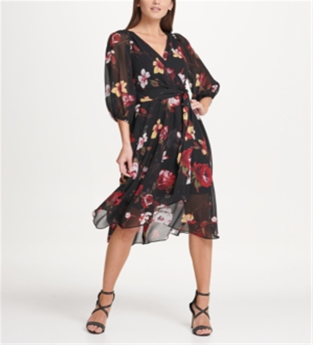 DKNY Women's Balloon Sleeve Chiffon MIDI Dress Gray Size 6