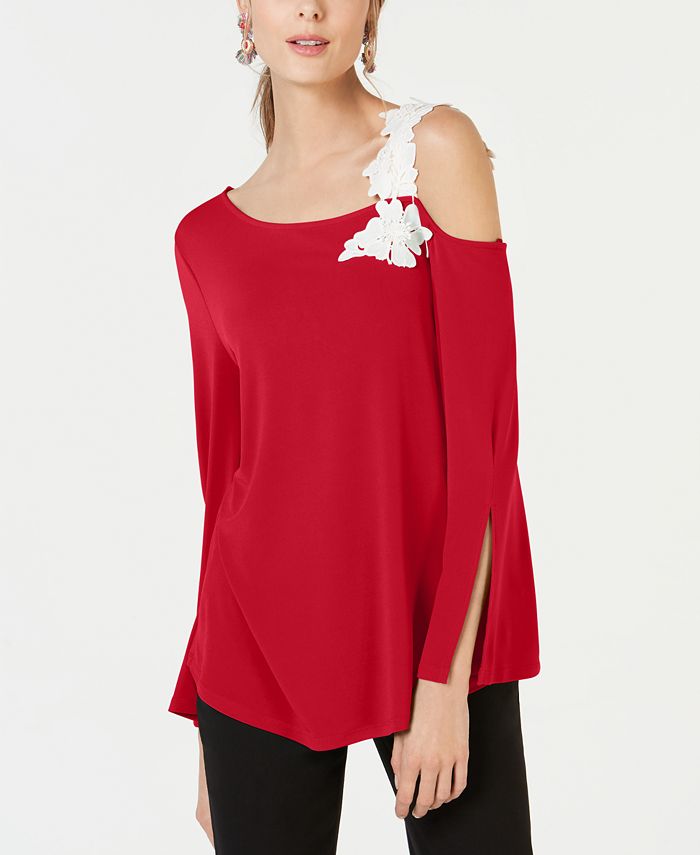 Alfani Women's One Shoulder Applique Top Red Size Petite Small