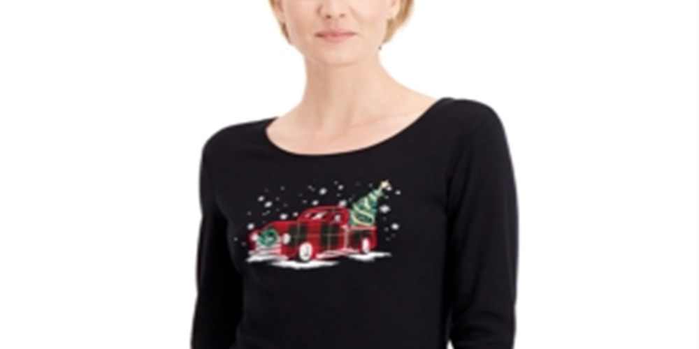 Karen Scott Women's Plaid Truck Cotton Top Black Size Medium
