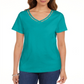 Karen Scott Women's Cotton Open Trim V Neck T-Shirt Blue Size X-Large