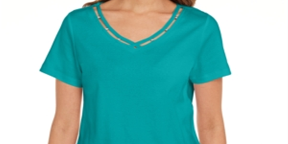 Karen Scott Women's Cotton Open Trim V Neck T-Shirt Blue Size X-Large